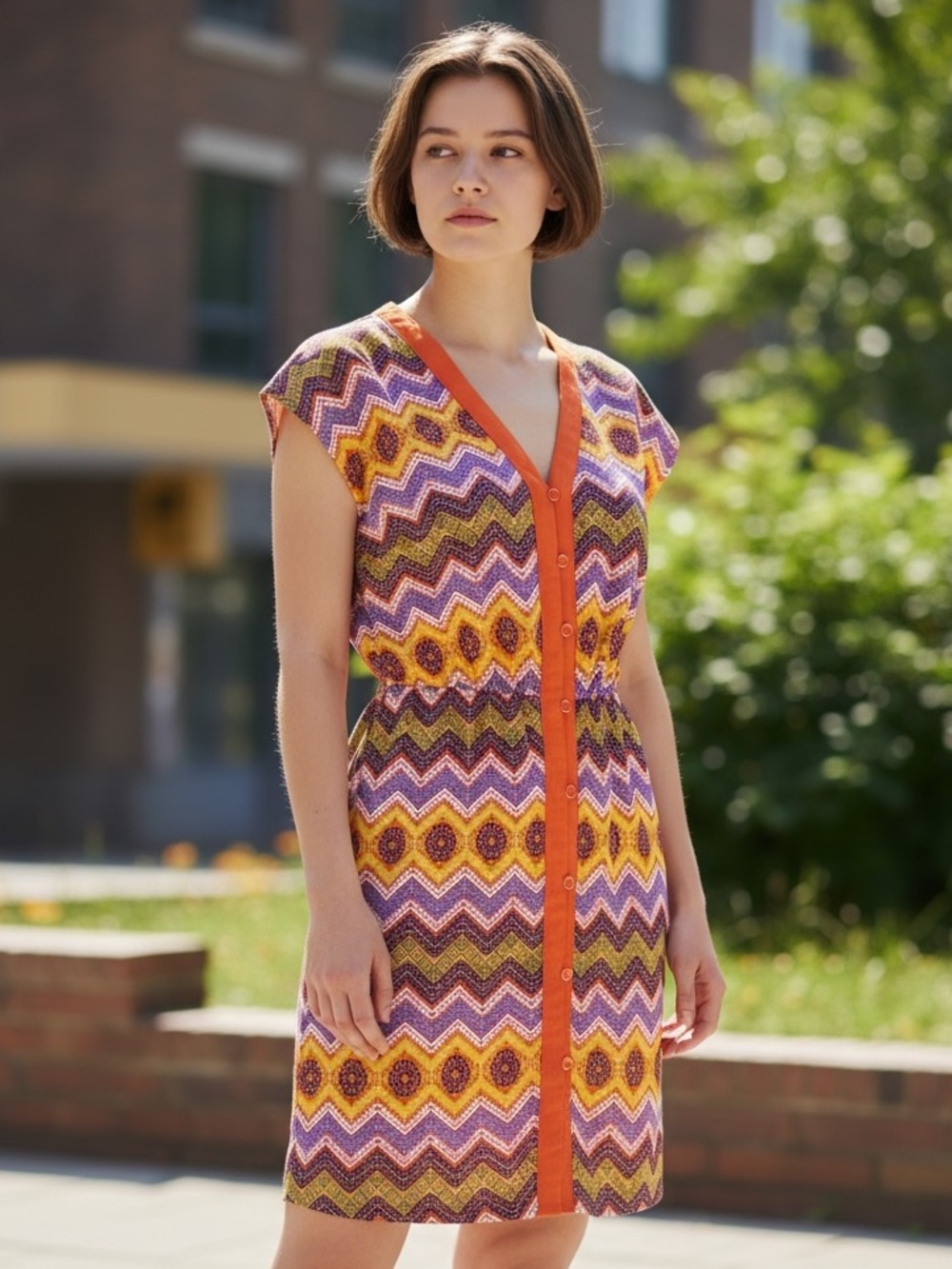 Pink Owl Zigzag Button-Front Mini Dress in Orange and Purple